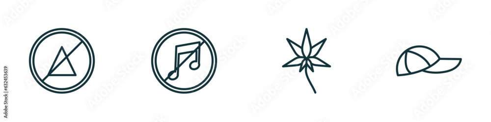 set of 4 linear icons from signs concept. outline icons included no bleaching, no music, marijuana, cap vector set of 4 linear icons from signs concept. outline icons included no bleaching, no music, marijuana, cap vector