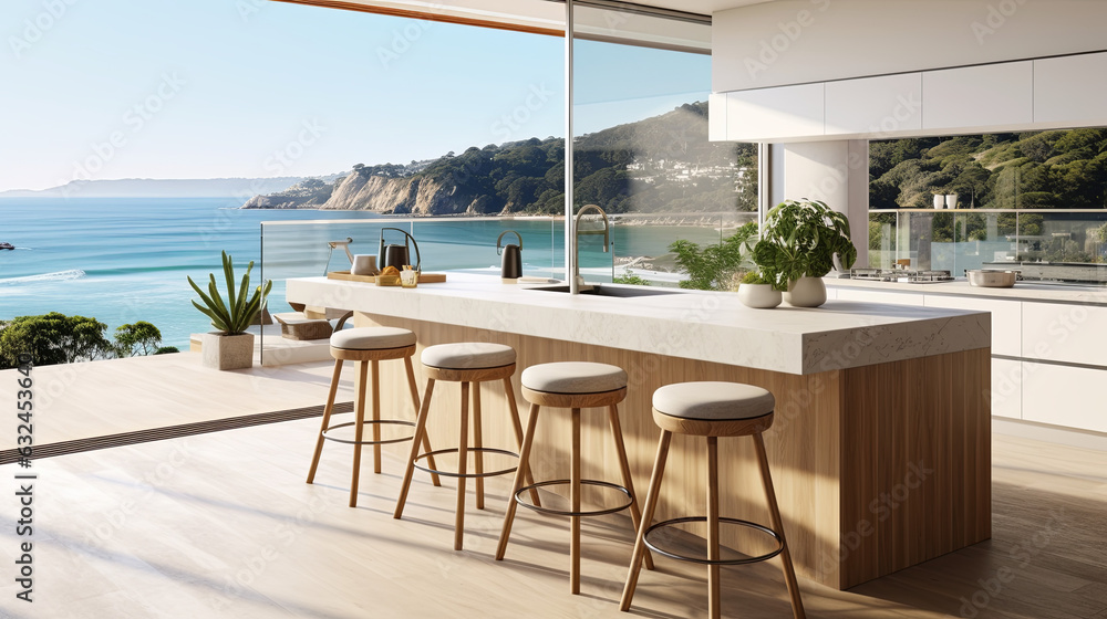 Home interior with modern kitchen counter with  view through a window on the sea.