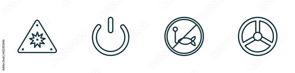 set of 4 linear icons from signs concept. outline icons included uv ray warning, power button, no fishing, nuclear vector set of 4 linear icons from signs concept. outline icons included uv ray warning, power button, no fishing, nuclear vector