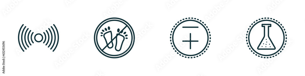 set of 4 linear icons from signs concept. outline icons included noise, no step, less plus, chemical products vector set of 4 linear icons from signs concept. outline icons included noise, no step, less plus, chemical products vector