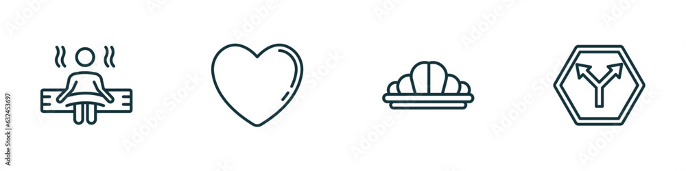 set of 4 linear icons from shapes concept. outline icons included spa room, black heart, reign, y shaped intersection vector set of 4 linear icons from shapes concept. outline icons included spa room, black heart, reign, y shaped intersection vector
