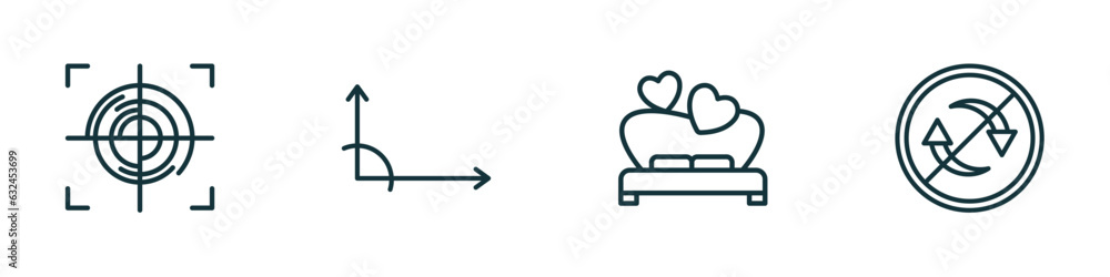 set of 4 linear icons from shapes concept. outline icons included focus button, angle of acute, wedding night, non recyclable vector set of 4 linear icons from shapes concept. outline icons included focus button, angle of acute, wedding night, non recyclable vector