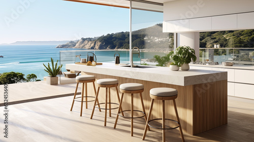 Home interior with modern kitchen counter with  view through a window on the sea.