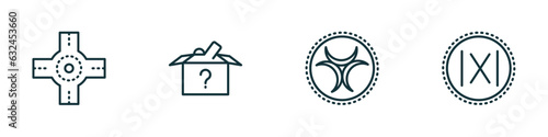 set of 4 linear icons from signs concept. outline icons included junction, lost items, toxic waste, absolute vector