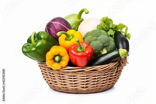 Assorted Organic Vegetables in Basket isolated on White Background. Generative Ai