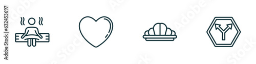 set of 4 linear icons from shapes concept. outline icons included spa room, black heart, reign, y shaped intersection vector