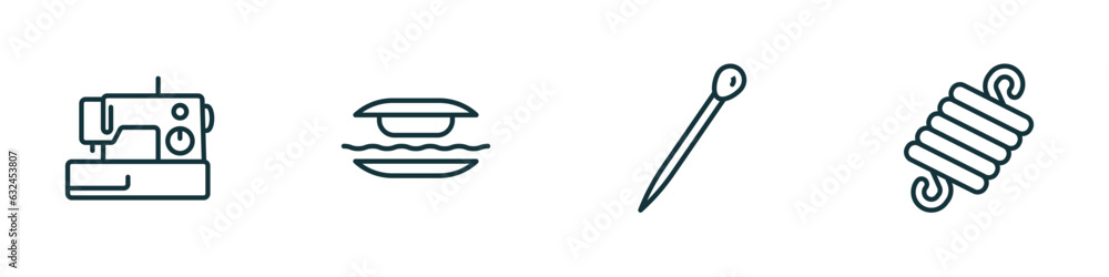 set of 4 linear icons from sew concept. outline icons included new sewing hine, grommet, pin sew, wire coil vector
