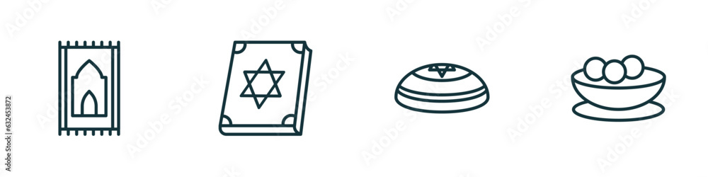 set of 4 linear icons from religion concept. outline icons included praying mat, torah book, kippah, matzo ball soup vector set of 4 linear icons from religion concept. outline icons included praying mat, torah book, kippah, matzo ball soup vector