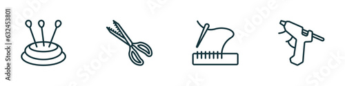 set of 4 linear icons from sew concept. outline icons included pin cushion, pinking shears, stiching, hot glue vector