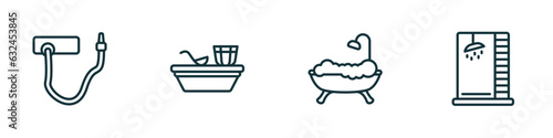 set of 4 linear icons from sauna concept. outline icons included kneipp hose, turkish bath, hamam, luxury shower vector