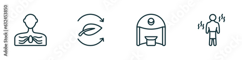 set of 4 linear icons from sauna concept. outline icons included arterioles, fresh air supply, caldarium, vascular workout vector