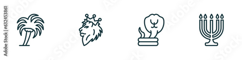 set of 4 linear icons from religion concept. outline icons included palm tree with date, lion of judah, cobra, big menorah vector photo