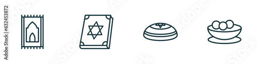 set of 4 linear icons from religion concept. outline icons included praying mat, torah book, kippah, matzo ball soup vector