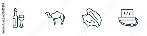 set of 4 linear icons from religion concept. outline icons included hebrew wine, dromedary, conch shell, tefilin vector