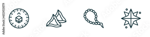 set of 4 linear icons from religion concept. outline icons included qibla, hamantaschen, muslim tasbih, holy star vector