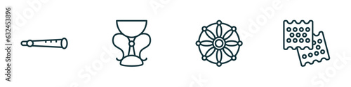 set of 4 linear icons from religion concept. outline icons included shehnai, holy chalice, dharma, matzo vector