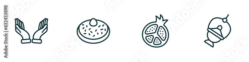 set of 4 linear icons from religion concept. outline icons included dua hands, sufganiyah, half pomegranate, jewish incense vector