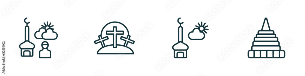 set of 4 linear icons from religion concept. outline icons included fajr dawn prayer, calvary, assr, doi suthep vector set of 4 linear icons from religion concept. outline icons included fajr dawn prayer, calvary, assr, doi suthep vector