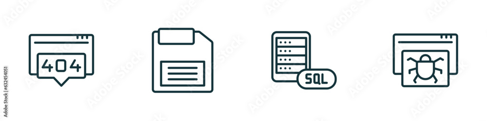 set of 4 linear icons from programming concept. outline icons included 404 error, floppy disk, mysql, bug report vector set of 4 linear icons from programming concept. outline icons included 404 error, floppy disk, mysql, bug report vector