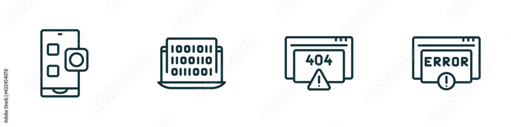 set of 4 linear icons from programming concept. outline icons included app, binary code, error 404, error vector set of 4 linear icons from programming concept. outline icons included app, binary code, error 404, error vector