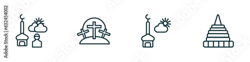 set of 4 linear icons from religion concept. outline icons included fajr dawn prayer, calvary, assr, doi suthep vector