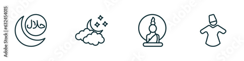 set of 4 linear icons from religion concept. outline icons included islamic halal, ramadan crescent moon, buddha, sufi mystic vector