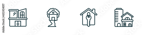 set of 4 linear icons from real estate concept. outline icons included modern house, tree house, house key, property vector