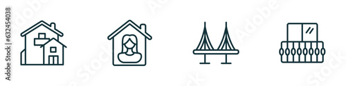 set of 4 linear icons from real estate concept. outline icons included mansion, tenant, bridges, balcony vector