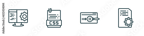 set of 4 linear icons from programming concept. outline icons included computing, css file format, code review, article vector