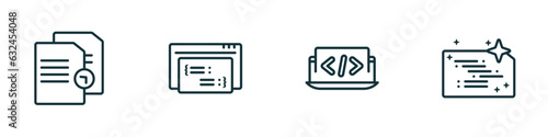 set of 4 linear icons from programming concept. outline icons included duplicate, code listing, coding, clean code vector