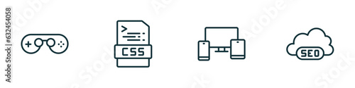 set of 4 linear icons from programming concept. outline icons included console, css, cross-platform, seo cloud vector