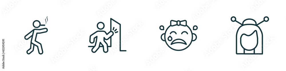 Obraz premium set of 4 linear icons from people concept. outline icons included man walking and smoking, man knocking a door, crying baby, japanese geisha vector