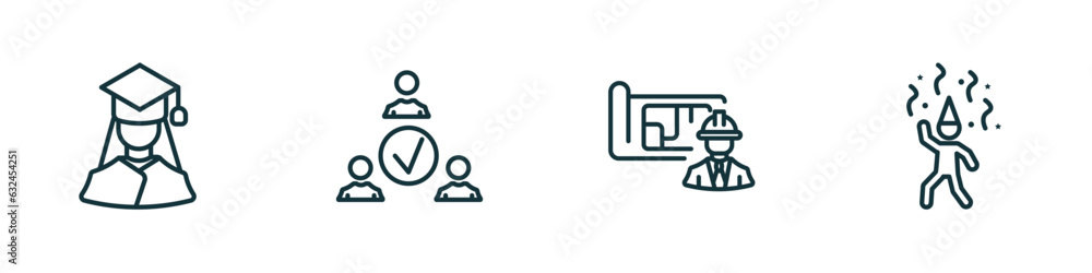 set of 4 linear icons from people concept. outline icons included graduating woman, team work success, architect, man partying vector set of 4 linear icons from people concept. outline icons included graduating woman, team work success, architect, man partying vector
