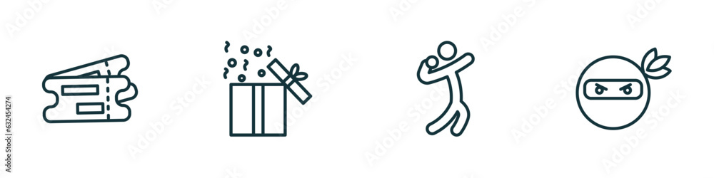 set of 4 linear icons from people concept. outline icons included validating ticket, open present box, shot put, ninja portrait vector