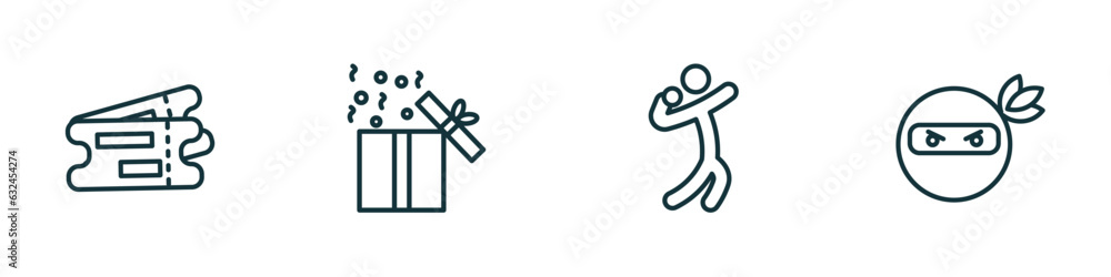 set of 4 linear icons from people concept. outline icons included validating ticket, open present box, shot put, ninja portrait vector set of 4 linear icons from people concept. outline icons included validating ticket, open present box, shot put, ninja portrait vector