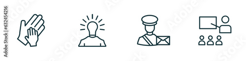 set of 4 linear icons from people concept. outline icons included hand of an adult, man with idea, postman working, classes vector photo