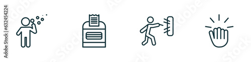 set of 4 linear icons from people concept. outline icons included man making soap bubbles, ticket hine, man throwing a dart, knocking vector