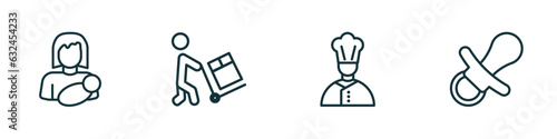 set of 4 linear icons from people concept. outline icons included breastfeeding, worker loading, cook, baby pacifier vector
