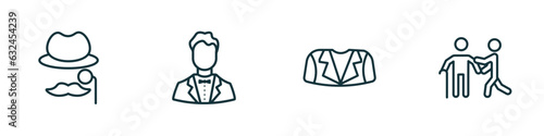 set of 4 linear icons from people concept. outline icons included sir, bestman, women suit, help the elderly vector