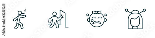 set of 4 linear icons from people concept. outline icons included man walking and smoking, man knocking a door, crying baby, japanese geisha vector