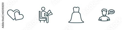 set of 4 linear icons from people concept. outline icons included two hearts, sitting man reading, bride dress, monologue vector