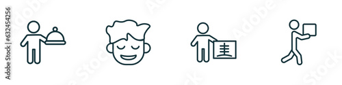 set of 4 linear icons from people concept. outline icons included cooker with tray, relieved smile, radiologist working, men carrying a box vector