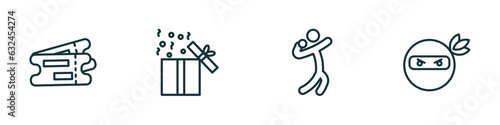 set of 4 linear icons from people concept. outline icons included validating ticket  open present box  shot put  ninja portrait vector