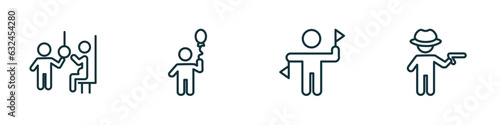 set of 4 linear icons from people concept. outline icons included pregnant priority, boy with balloon, flag semaphore language, criminal heist vector