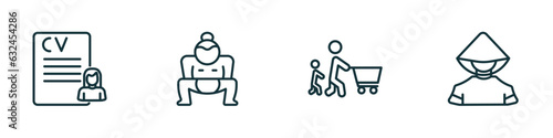 set of 4 linear icons from people concept. outline icons included woman covering, sumo fighter, father and son shopping, chinese man vector