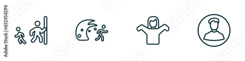 set of 4 linear icons from people concept. outline icons included hide and seek, waves danger, getting dressed, male users vector