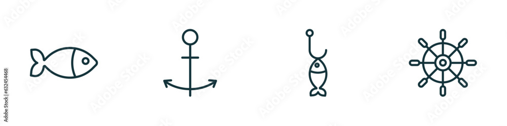 set of 4 linear icons from nautical concept. outline icons included fish facing right, sailor, fish shaped bait, boat steering wheel vector set of 4 linear icons from nautical concept. outline icons included fish facing right, sailor, fish shaped bait, boat steering wheel vector