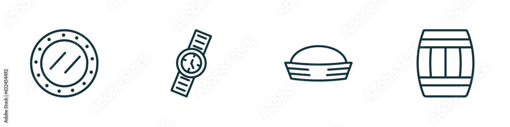 Fototapeta premium set of 4 linear icons from nautical concept. outline icons included submarine window, water resist watch, sailor hat, big barrel vector