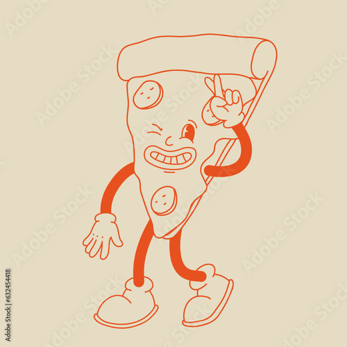 Vector cartoon retro mascot of pizza. Vintage style 30s, 40s, 50s old animation. The clipart is isolated on a beige background.