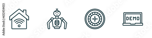 set of 4 linear icons from other concept. outline icons included smarthome, robot of japan, roulette table, demostration vector